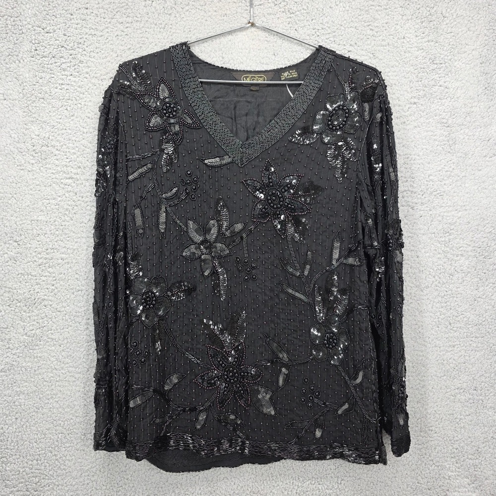 Megere‎ Black Beaded Sequin Floral Long Sleeve V Neck Silk Top Women's Large